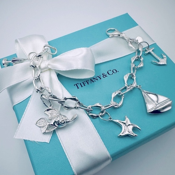RARE Tiffany & Co. Nautical Charm Bracelet 7.25” Star Anchor Fish Boat Packaging - Picture 1 of 15